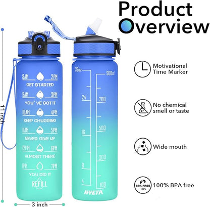 Hyeta 32 oz Water Bottles with Times to Drink and Straw, Motivational Water Bottle with Time Marker, Leakproof, Drinking Sports Water Bottle for Fitness, Gym and Outdoor