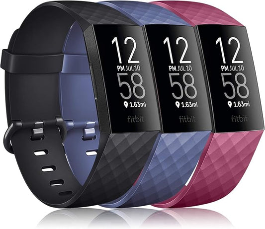 PACK 3 Silicone Bands for Fitbit Charge 4 / Fitbit Charge 3 / Charge 3 SE Replacement Wristbands for Women Men Small Large(Without Tracker) (Small: for 5.5"-7.1"wrists, Black+Navy Blue+Wine Red)