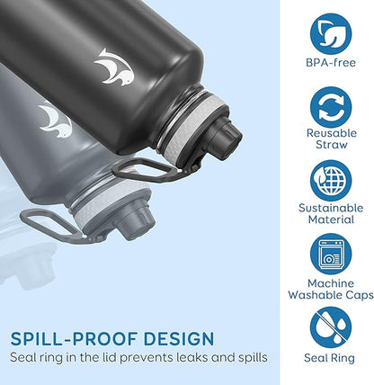 Insulated Water Bottle 87 oz with Straw, Coolflask 2/3 Gallon Stainless Steel Metal 3 Lids Large Water Jug for Sports or Office, Non-BPA Keep Cold Up to 48 Hrs or Hot Up to 24 Hrs, Magic Black