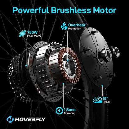 HOVERFLY OUREA 26" Electric Bike for Adults, 750W Peak Motor Mountain Ebike, 20MPH Up to 40 Miles, UL2849 Certified, 7-Speed, Removable Battery, Shock Absorber, Fat Tire Commuter E-Bike