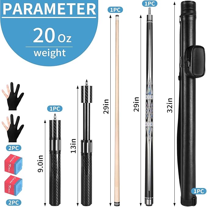 Kmise Professional Pool Cue Stick - 19 20 21oz Canadian Maple Cue Sticks, Low Deflection Shaft with Telescopic Carbon Fiber Extension, Pool Sticks for Aults, Billiard Cue Sticks with Leather Cue Case