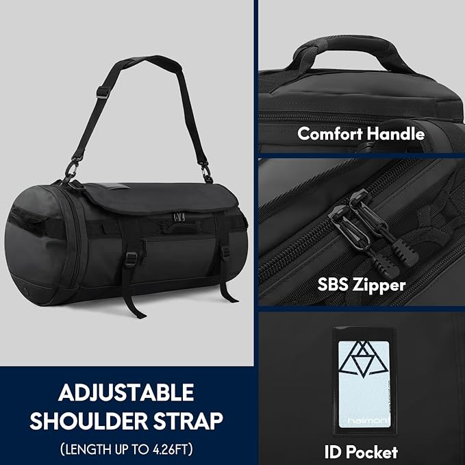 Haimont Duffle Backpack for Men Women, Convertible Travel Duffel Bag Backpack with Shoes Compartment, Heavy Duty Weekender Bags for Sports Gym, Traveling, Camping, Water-resistant, 60L, Black