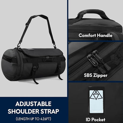 Haimont Duffle Backpack for Men Women, Convertible Travel Duffel Bag Backpack with Shoes Compartment, Heavy Duty Weekender Bags for Sports Gym, Traveling, Camping, Water-resistant, 60L, Black