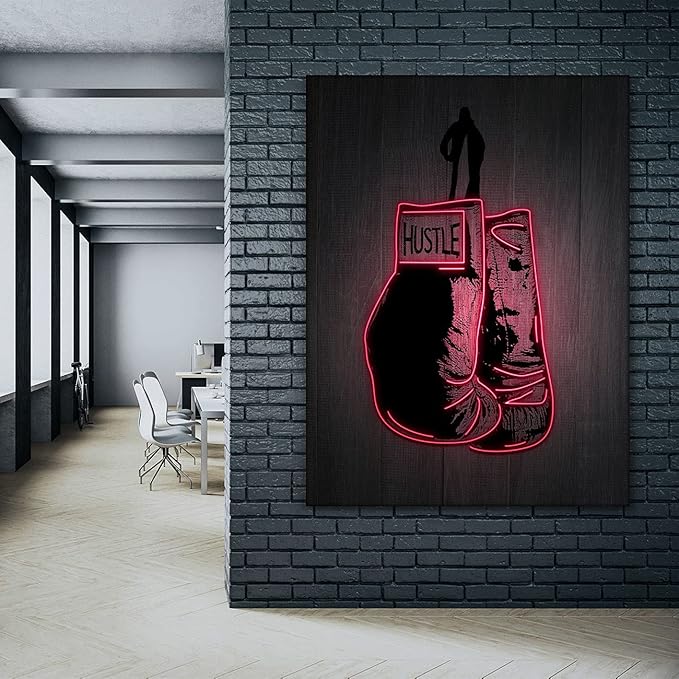 Boxing Gloves Neon Canvas Print Motivational Canvas Print Wall Art Office Decor, Entrepreneur Motivation, Hustle Artwork, Boxing Neon Print, Fighter Gym Sign, Hustler Art Neon Sign (36" x 24")