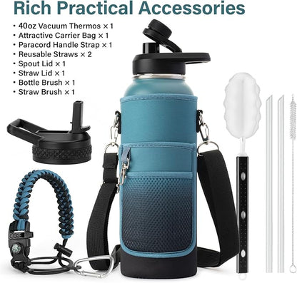 40 oz Insulated Water Bottle | Thickened Stainless Steel Vacuum Metal | Portable Sports Water Jug for Gym and Hiking with Straw, Carrier Bag, Handle Strap | BPA-Free 40 oz