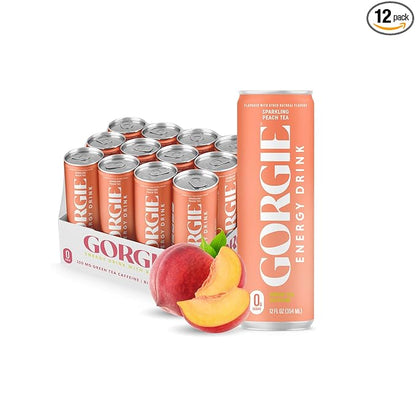 GORGIE Sugar Free Natural Energy Drinks, Peach (12 Pack) - Healthy Energy Drinks - Natural Coffee Replacement with Green Tea Caffeine and Biotin - 150mg Caffeine, Vegan, & Low Calorie