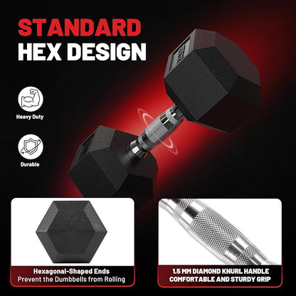 PAPABABE Hex Dumbbell Set with Rack, Rubber Encased Free Weight with Weight Storage Racks, Multiple Weight Options for Home Gym and Fitness