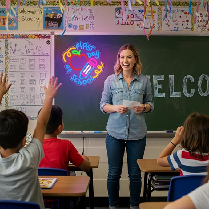 First Day of School Neon Sign for Classroom,Classroom Neon Sign,Colorful LED Back to School Wall Decor,Apple and Pencil Neon Light Sign for Classroom,Preschool,Photo Backdrop,Kids Room