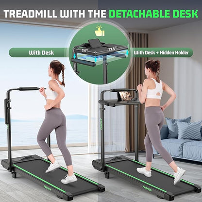 Walking Pad Treadmill with Desk Workstation, 10% Incline Foldable Treadmill with Handrail, 300lbs Capacity, 3 Control Methods, 8 in 1 Folding Treadmills for Home Office