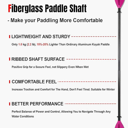 Kayak Paddles with Fiberglass Shaft and Reinforced PP Blade, Floating Adjustable Kayaking Oars, 3 Piece, 220-240 cm/86-94 Inches, 240-260 cm/94-102 Inches