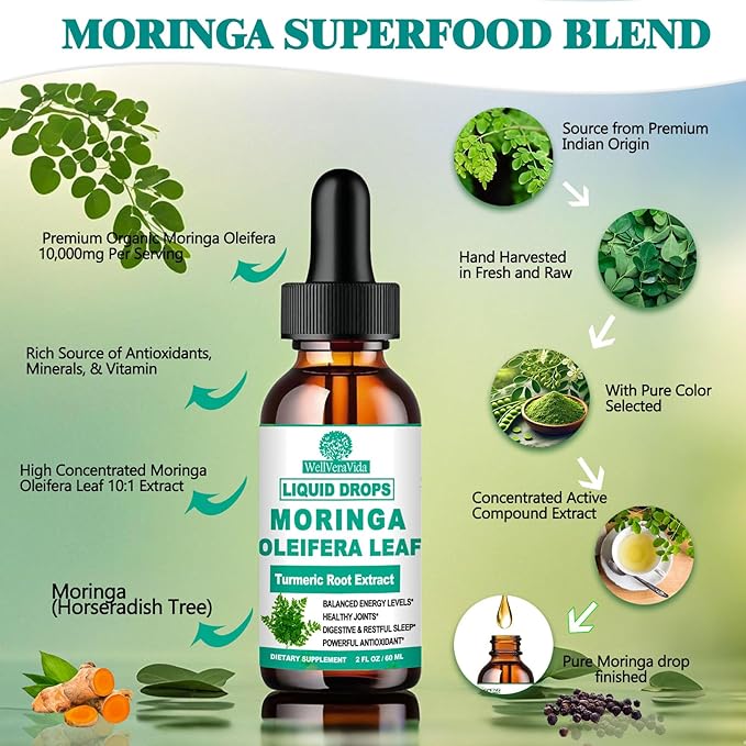 2 Pack Organic Moringa Liquid Drops, Pure Moringa Oleifera Leaf Extract w. Turmeric, Black Pepper, Moringa for Activates AMPK & GLP-1, Antioxidant Skin Gut, Potency Than Moringa Capsules Powder