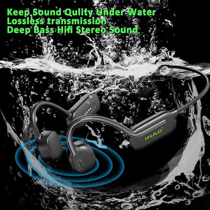 IHAO Swimming Headphones True Bone Conduction Open Ear Headset MP3 Player Built-in 32G Memory IP68 Underwater Waterproof Stereo Bluetooth Earphone for Driving Bicycling Running Skiing-Black