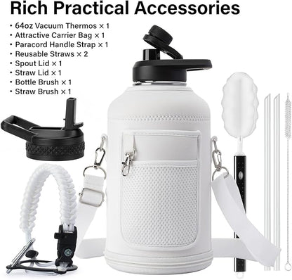 Insulated Water Bottle | Thickened Stainless Steel Vacuum Metal | Portable Sports Half Gallon Large Water Jug for Gym and Hiking with Straw, Carrier Bag, Handle Strap | BPA-Free 64 oz