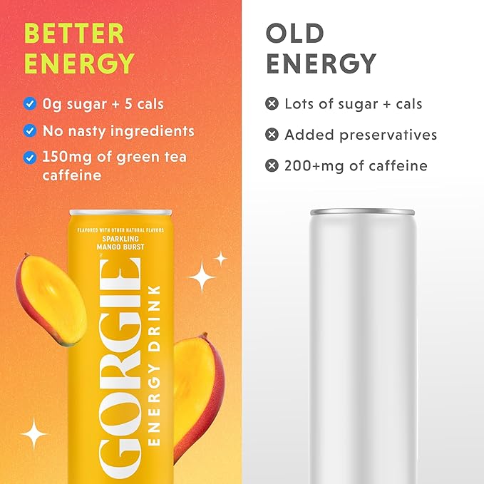 GORGIE Sugar Free Natural Energy Drinks, Sparkling Mango Tango (12 Pack) - Healthy Energy Drinks - Natural Coffee Replacement with Green Tea Caffeine and Biotin - 150mg Caffeine, Vegan, & Low Calorie
