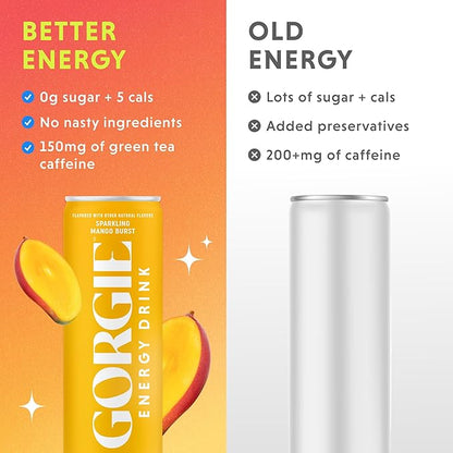 GORGIE Sugar Free Natural Energy Drinks, Sparkling Mango Tango (12 Pack) - Healthy Energy Drinks - Natural Coffee Replacement with Green Tea Caffeine and Biotin - 150mg Caffeine, Vegan, & Low Calorie