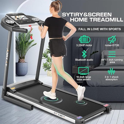 SYTIRY Treadmill with Touch Screen,3.25HP Treadmills for Home with TV and WiFi,Smart Foldable Treadmill with Music,3D Virtual Sports Scene,Popular APP for Social Networking,Walking/Running Machine
