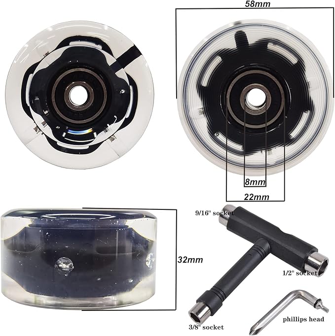 FREEDARE Roller Skate Wheels 54mm/58mm and Bearings Indoor Outdoor Luminous Light Up 83A with T Tools for Double Row Skating and Skateboard (8 Pack)