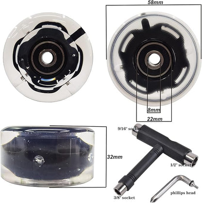 FREEDARE Roller Skate Wheels 54mm/58mm and Bearings Indoor Outdoor Luminous Light Up 83A with T Tools for Double Row Skating and Skateboard (8 Pack)