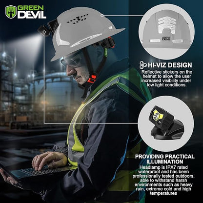 GREEN DEVIL Matrix Full Brim Hard Hat with Headlight Vented Construction Safety Helmet OSHA Approved Cascos De Construccion Work Hardhat for Men&Women