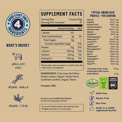 Earth Fed Muscle Whey Back Irish Grass Fed Whey Protein Isolate - NSF-Certified. No Artificial Ingredients, Soy Free, Gluten Free, Non-GMO and Hormone Free (2 Pound, 29 Servings, Vanilla)