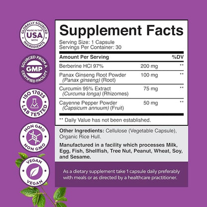 GLP-1 Berberine Supplement - One a Day Healthy Gut Berberine Complex with Panax Ginseng Turmeric Curcumin & Cayenne Pepper for Metabolic Balance - Gluten Free Vegan and Non-GMO (1 Month Supply)