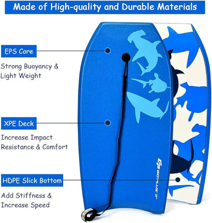 Goplus 41''/37''/33'' Lightweight Body Board for Beach, Surf Board with EPS Core, XPE Deck, HDPE Slick Bottom, Wrist Leash, Bodyboard for Kids Adults Surfing