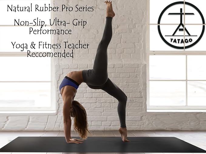 Tatago Hot Yoga Mat Non Slip-Professional Grade Natural Rubber Yoga Mat, Pliates Mat, Stretching Mat or exercise mats for home workout. Nonslip for Hot and Sweaty Classes. Includes Yoga Strap for Carrying and Stretching too.