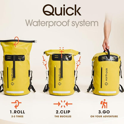 Earth Pak Waterproof Backpack - Heavy Duty Hiking Backpack - Roll-Top Closure - Waterproof Bag - Cushioned Dry Bags Waterproof w/ IPX8 Waterproof Phone Case - Wet Bag for Hiking, Kayak