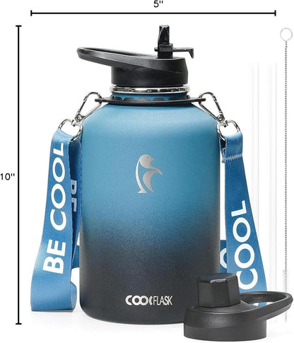 Coolflask 64 oz Water Bottle Insulated with Strap, Half Gallon Water Jug Stainless Steel with Straw & Spout Lids, Metal Large Water Flask, Keep Cold 48h Hot 24h, Leak Proof & Non-BPA, Prussian Blue