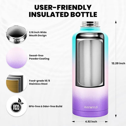 Insulated Water Bottle 87 oz, Triple Wall Vacuum Stainless Steel (Cold for 48 Hrs), Leak Proof & Non-BPA, Modern Water Flask Jug with Paracord Handle & Straw Spout Lids, Hydrangea