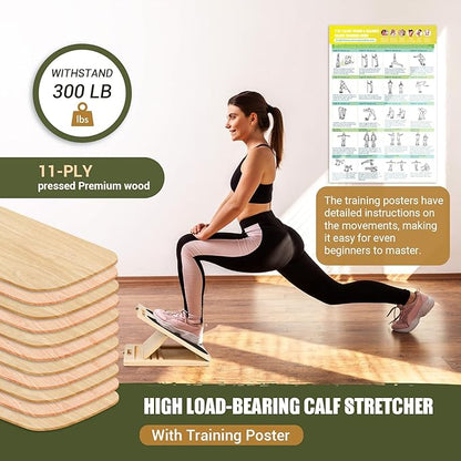 2-in-1 Wooden Slant Board & Balance Board, Portable 6 Angle Adjustable Calf Stretch Board with Training Poster, 300lb Weight Capacity Calf Ankle Stretcher for Physical Therapy, Squat & Core Strength