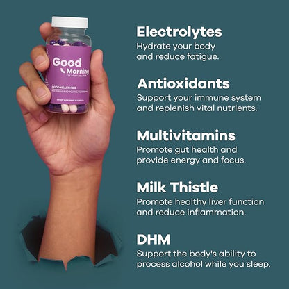 Good Morning Hangover Pills | 88.89% Effective at Hangover Prevention in Clinical Trial | After Alcohol Aid with DHM, Milk Thistle, and Electrolytes to Help You Party Smart. Cheers