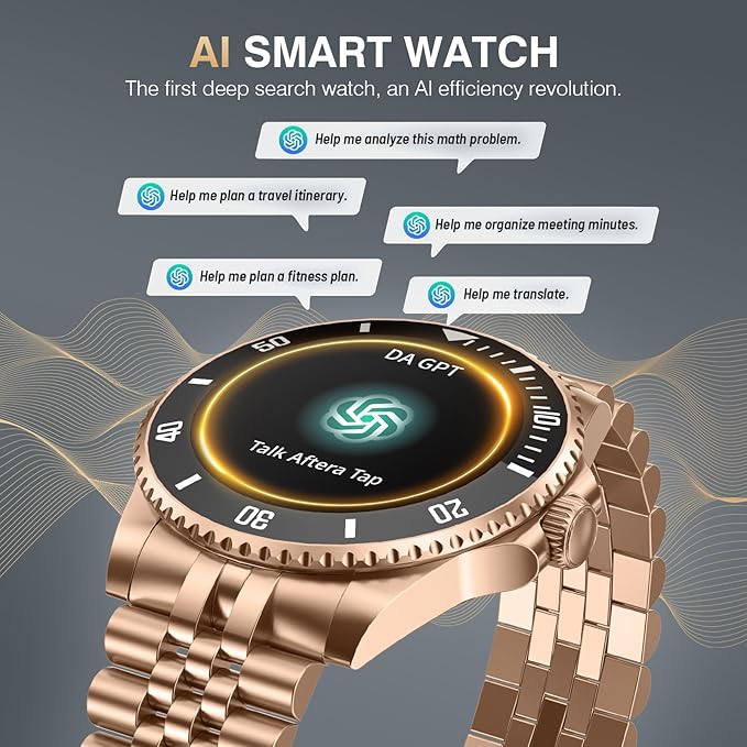 2025 DA GPT Smart Watch, Deep Search, Heart Rate, Blood Pressure, Blood Oxygen, Sleep Monitor, 107 Sports Modes, Waterproof Round Watch, 1.19-inch AMOLED Display, Compatible Android and iOS Gold Metal