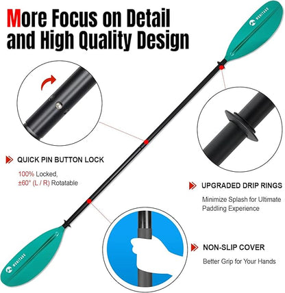 Kayak Paddle with Aluminum Shaft and Reinforced PP Blade, Floating Kayak Oar for Kayaking Canoeing and Boating, 220 cm/86 inches - 230 cm/90 inches