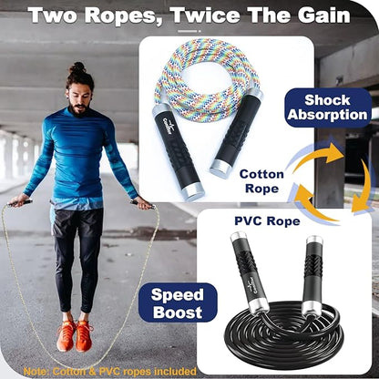 Weighted Jump Rope, 1LB Tangle-Free Ball Bearing Rapid Speed Skipping Rope for Men Women, Adjustable 9mm Cotton & PVC Rope with Alum Handle for Boxing MMA Weight-Loss Athletic Workout Fitness