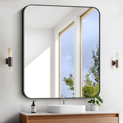FORBATH Black Bathroom Mirror 40 x 48 Inch, Rectangular Vanity Mirror Wall Rounded Corner Metal Framed Bathroom Mirror for Living Room Bedroom Entryway Decor (Horizontal/Vertical)