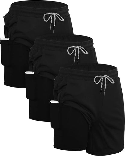 Sureio 3 Pcs Men's 2 in 1 Running Shorts 7 Inch Quick Dry Athletic Workout Shorts with Liner Phone Pockets Towel Loop