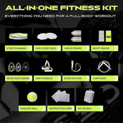 Ex Kit Home Gym Equipment with Carry Bag - 10Pcs Resistance Bands Kit with Handles, Door Anchor, Jump Rope, Booty Bands & More – Full Body Workout Bands Set for Strength, Cardio & Flexibility