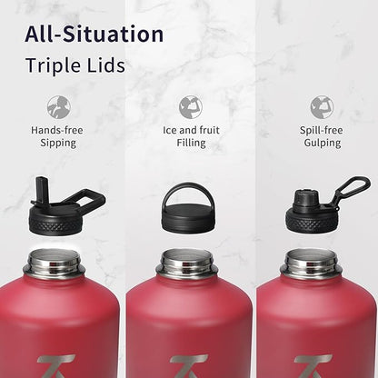 Trebo 1 Gallon Water Bottle Insulated with Paracord Handle and Straw,128oz Vacuum Double Wall Stainless Steel Large Jug,Keep Ice Cold 48hrs, Leakproof Sports Gym Flask for Men Women, Ruby Red