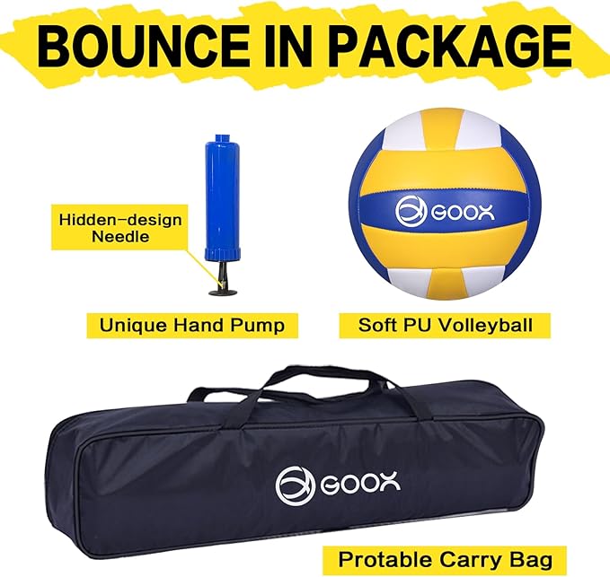 GOOX 4 Square Volleyball Net Game Set, 14 FT 4-Way Volleyball Net for Backyard Beach Lawn, Portable Four Square Volleyball Net for Adults & Youths with Vollyball, Pump, Carry Bag