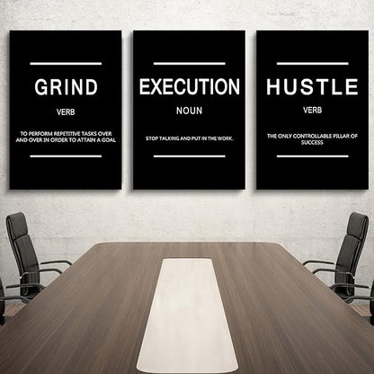 Framed Canvas Wall Art Success Quote, Office Wall Art, Black Large Poster, Positive Motivational Set of 3 Prints, Execute Failure Definition, Inspirational Print (B-3pcs,24x36inchx3pcs)