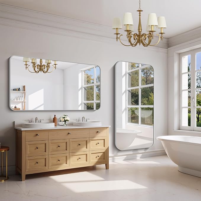 FORBATH 30x60 Inch Silver Bathroom Mirror for Over Sink, Large Rectangular Wall Mirror with Metal Frame, Rounded Corners for Bathroom, Bedroom, Entryway Decor (Horizontal or Vertical)
