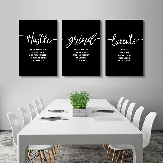 Hustle Grand Slogan Poster,Gift for Boss, Present for Father, Framed Canvas Wall Art Success Quote, Office Wall Art, Black Large Poster, Inspirational Print (F-3pcs,16x24inchx3pcs)