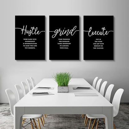 Hustle Grand Slogan Poster,Gift for Boss, Present for Father, Framed Canvas Wall Art Success Quote, Office Wall Art, Black Large Poster, Inspirational Print (F-3pcs,16x24inchx3pcs)