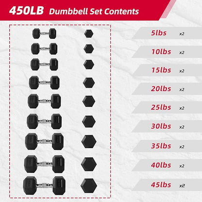 350/450/550 lbs Hex Weight Dumbbell Sets with Rack 5-50 lbs Hand Weights for Strength Training for Home Gyms Men Women Rubber Iron Rubber Coated Exercise & Fitness Muscle