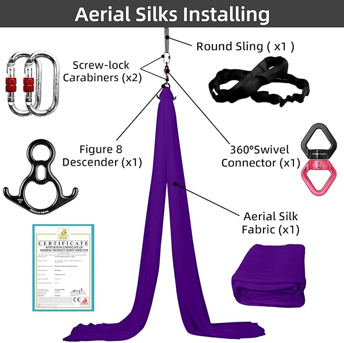 PRIOR FITNESS Aerial Silks Kit Colorful 9/15/20 Yards 40D Nylon Fabric Hammock Set With Hardware & Guide for All Levels Of Aerial Yoga Practice and Acrobatic Flying For Adults Aerial silk
