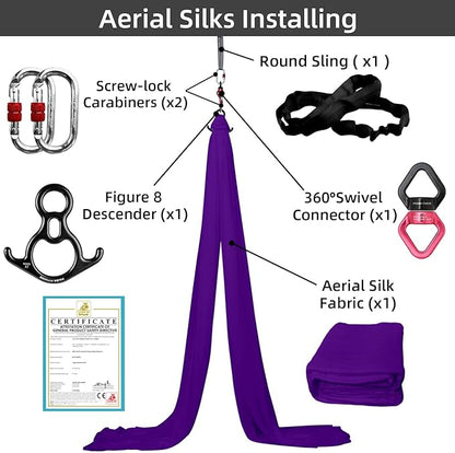 PRIOR FITNESS Aerial Silks Kit Colorful 9/15/20 Yards 40D Nylon Fabric Hammock Set With Hardware & Guide for All Levels Of Aerial Yoga Practice and Acrobatic Flying For Adults Aerial silk