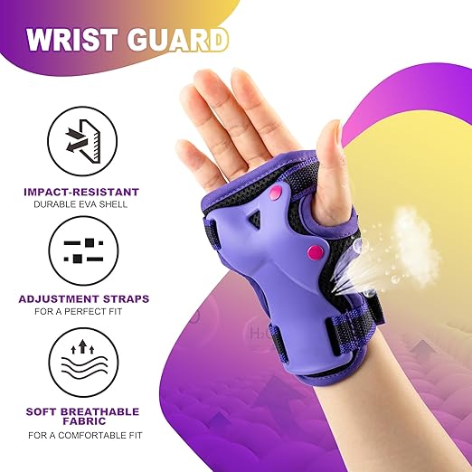 2PM SPORTS Knee Pads for Kids, Wrist Guards Knee and Elbow Pads Set with Drawstring Bag, Protective Gear Set for Girls Boys Roller Skating Cycling Skateboard - Purple Medium