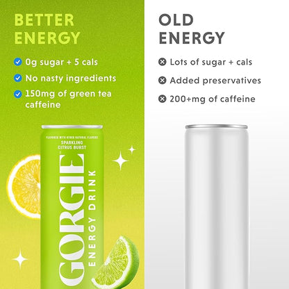 GORGIE Sugar Free Natural Energy Drinks, Sparkling Citrus Burst (12 Pack) - Healthy Energy Drinks - Natural Coffee Replacement with Green Tea Caffeine and Biotin - 150mg Caffeine, Vegan, & Low Calorie