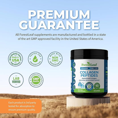 ForestLeaf Collagen Peptides Powder Unflavored - Hydrolyzed Grass Fed Keto Collagen Protein Powder Type 1, 2 & 3 - Vital Hair, Skin, Nails, Joints, Recovery, 11g Per Serving